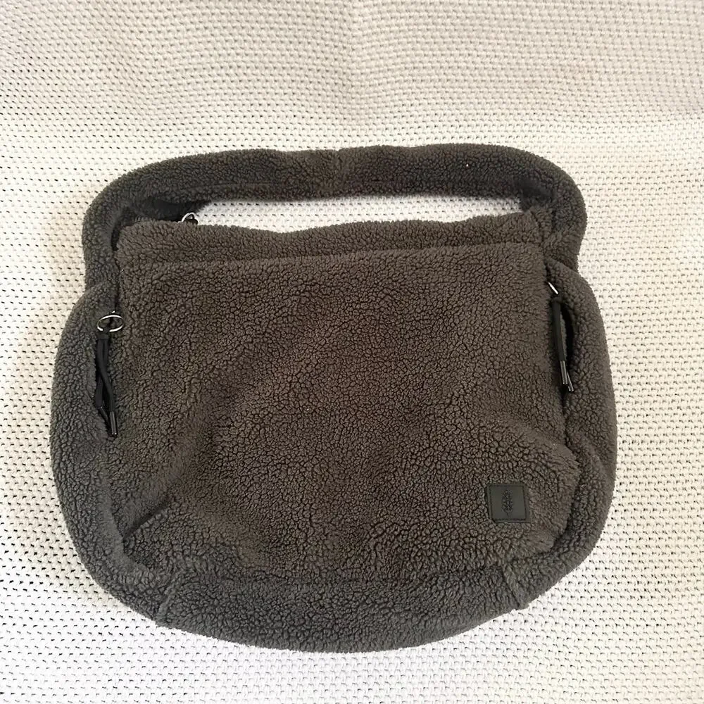 Free People FP Movement Charcoal Grey Cozy Carryall Sherpa Shoulder Hobo Bag